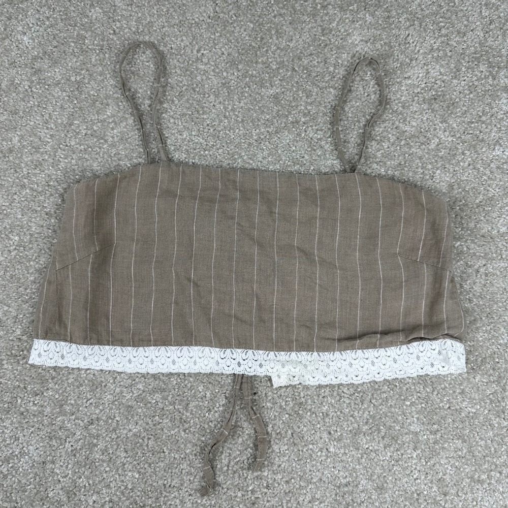 Lala Linen Blend Pinstripe Crop Top Lace Trim Boho Cottagecore Brown Small